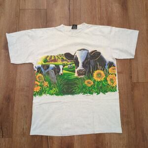 VTG Cow Farm Sunflower Adult XL Shirt Cottage Floral Nature Wrap Around AOP